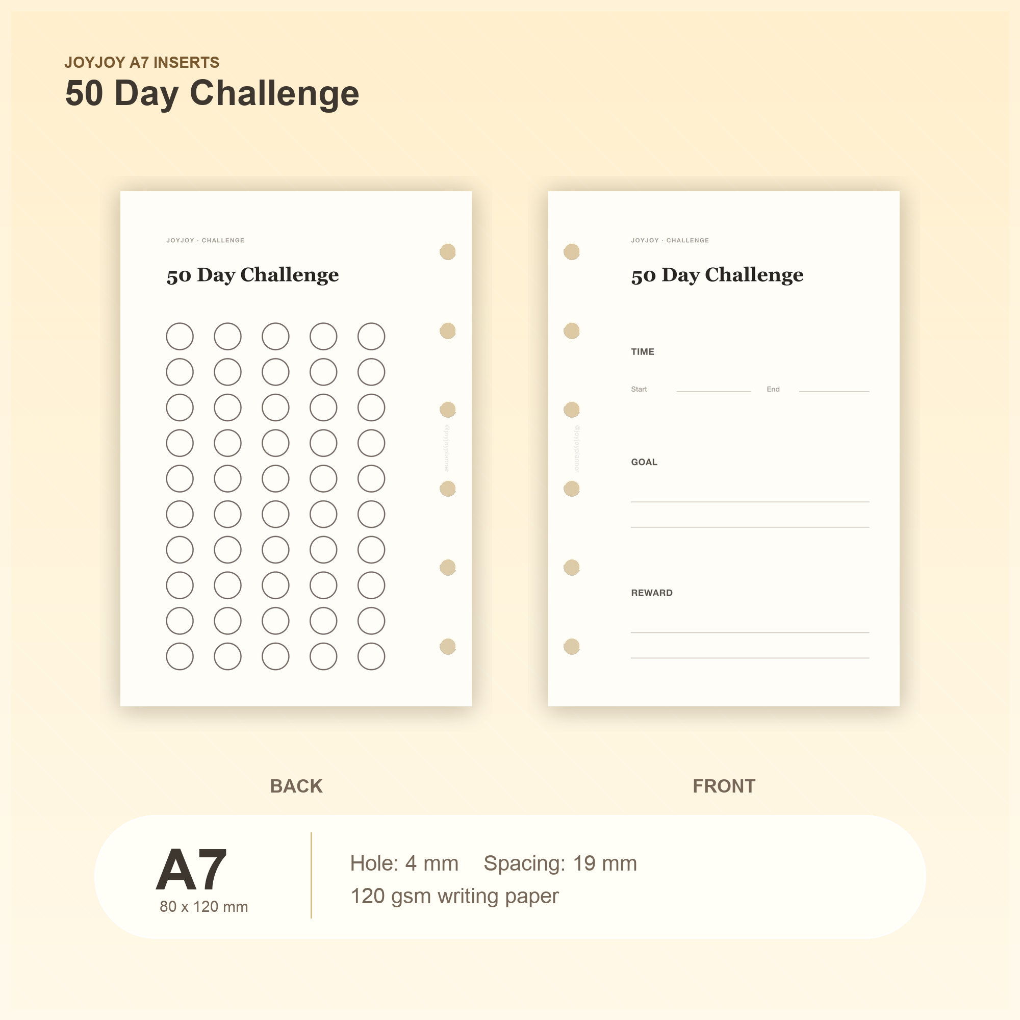 50 Day Challenge A7 pocket planner insert with size, hole spacing and paper information