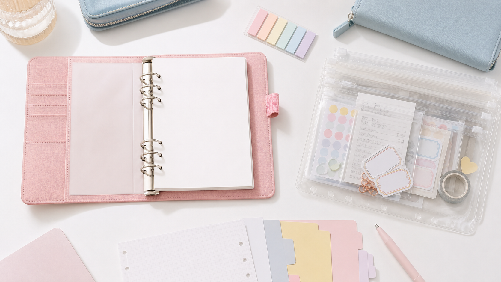 A5 planner binder with blank inserts beside a clear zipper pouch setup