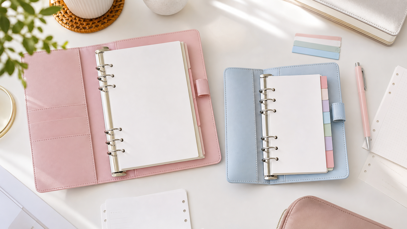 A larger pink planner binder beside a smaller blue planner binder on a bright desk