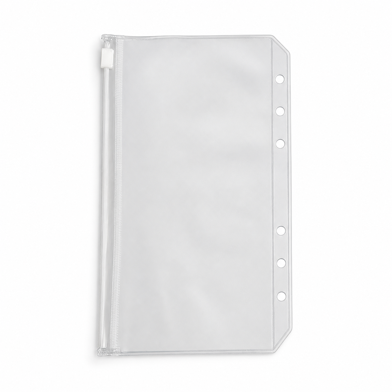 Frosted clear A6 six-hole zipper binder pocket on a white background