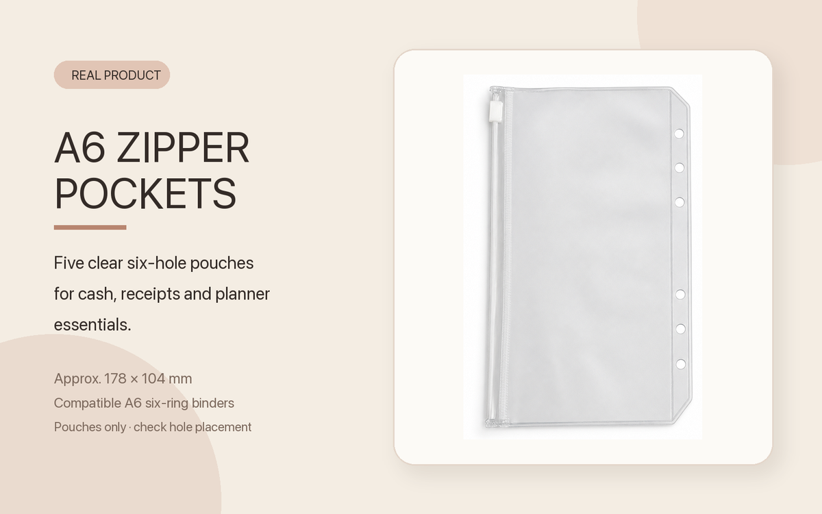 A6 clear six-hole zipper binder pocket with cash receipt and planner storage details