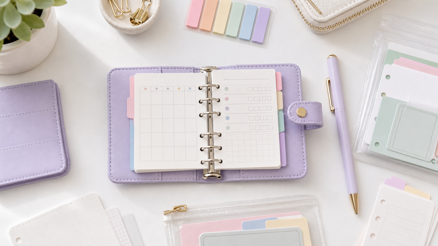Tiny pastel A7 planner opened to monthly and tracker insert pages