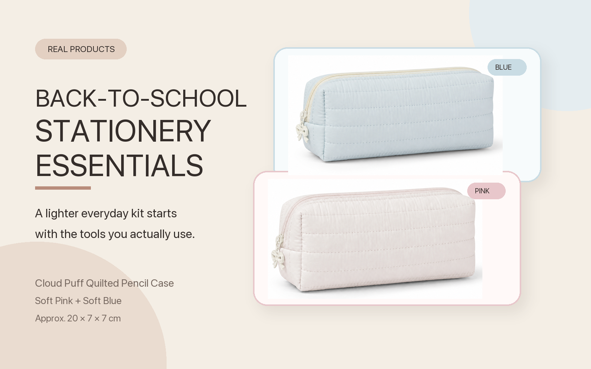 Soft Blue and Soft Pink Cloud Puff quilted pencil cases for a back-to-school stationery checklist