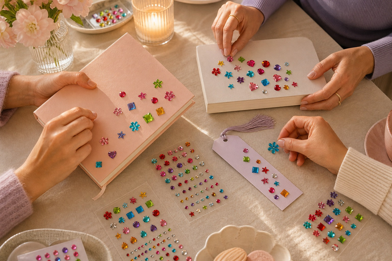 Friends decorating books, journals and a bookmark with colorful gem stickers at a bedazzling night