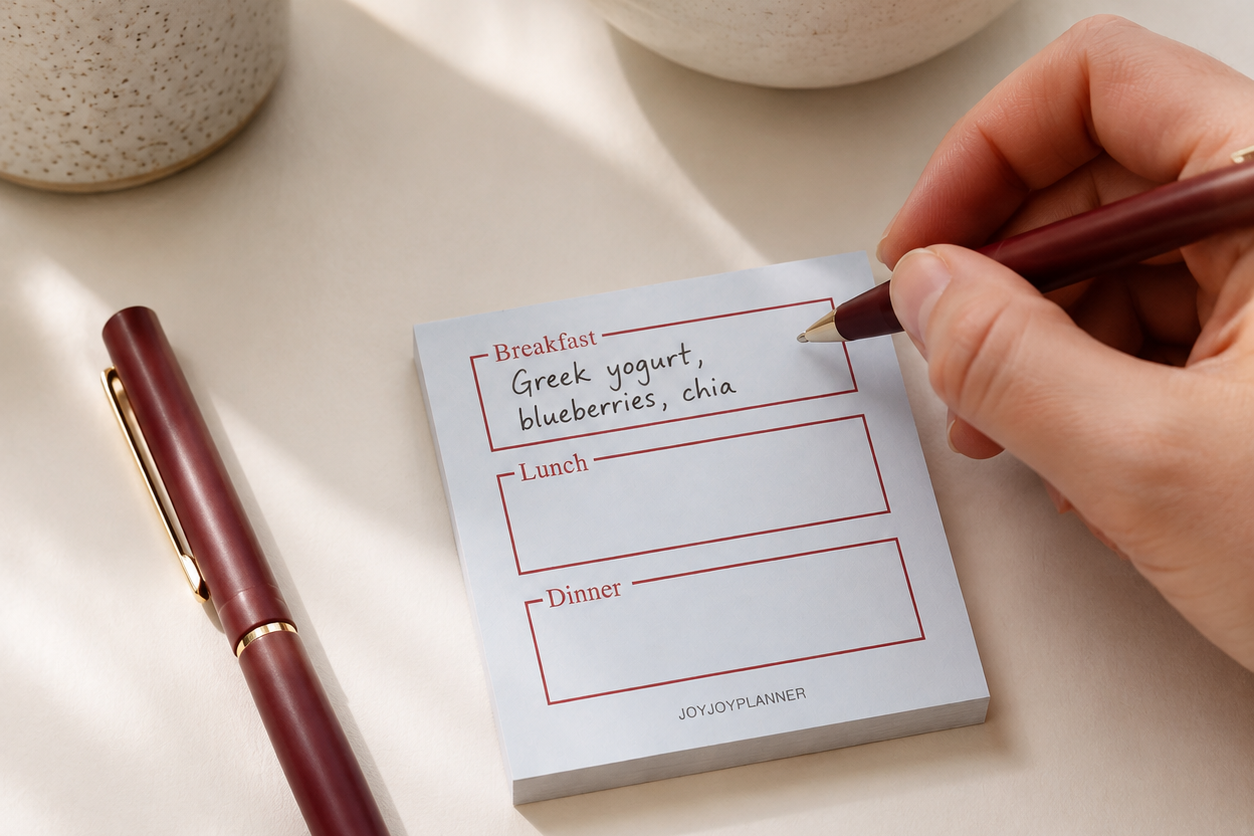 Hand writing breakfast on a tiny Daily Meal Log memo pad beside yogurt and coffee