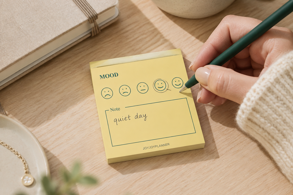 Hand circling a face and writing a short note on a daily mood tracker memo pad
