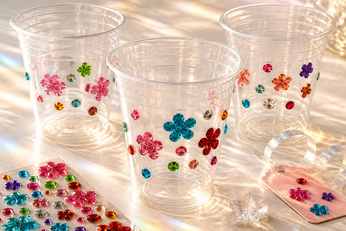 Three clear DIY party cups decorated with colorful flower gem stickers