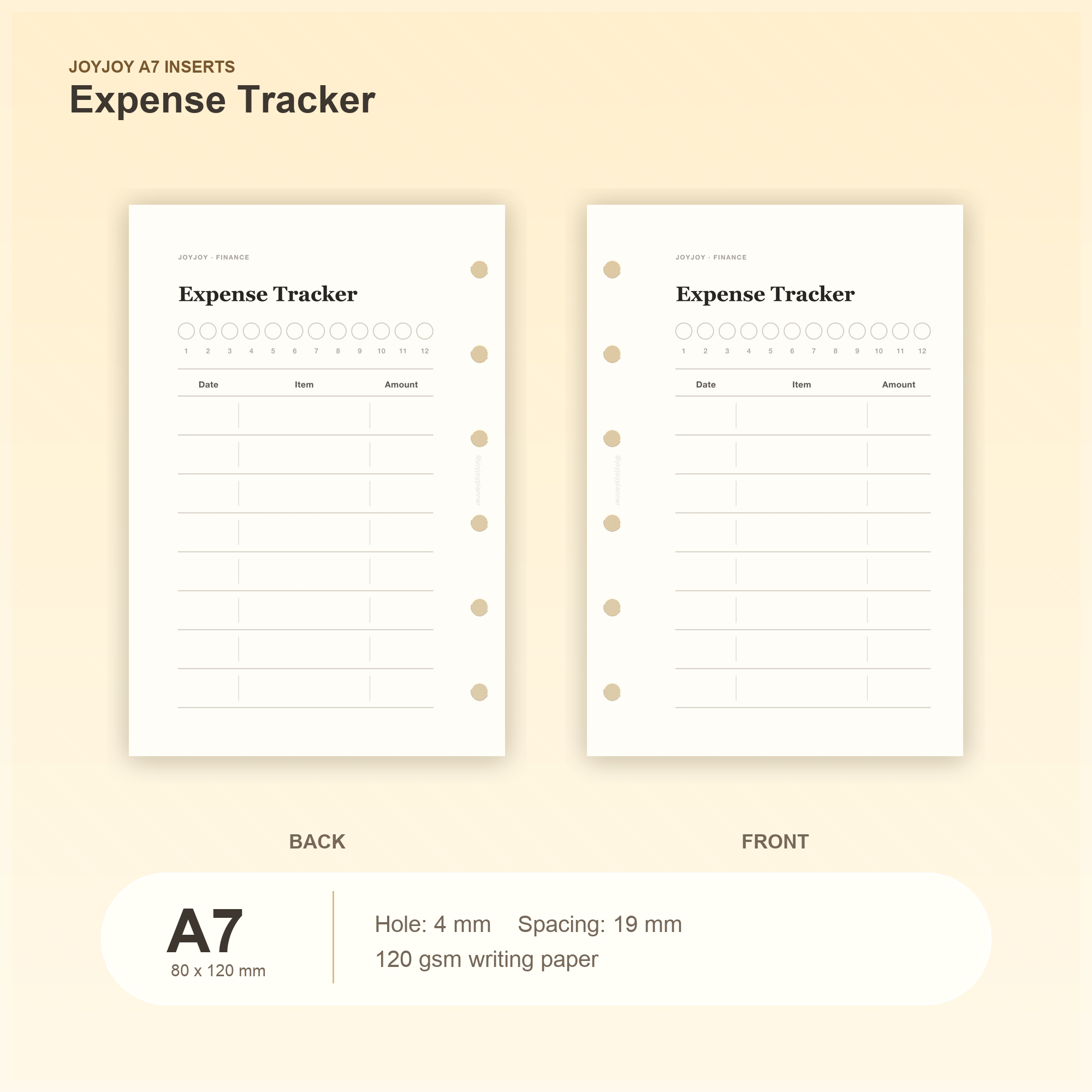 Expense Tracker A7 pocket planner insert with size, hole spacing and paper information