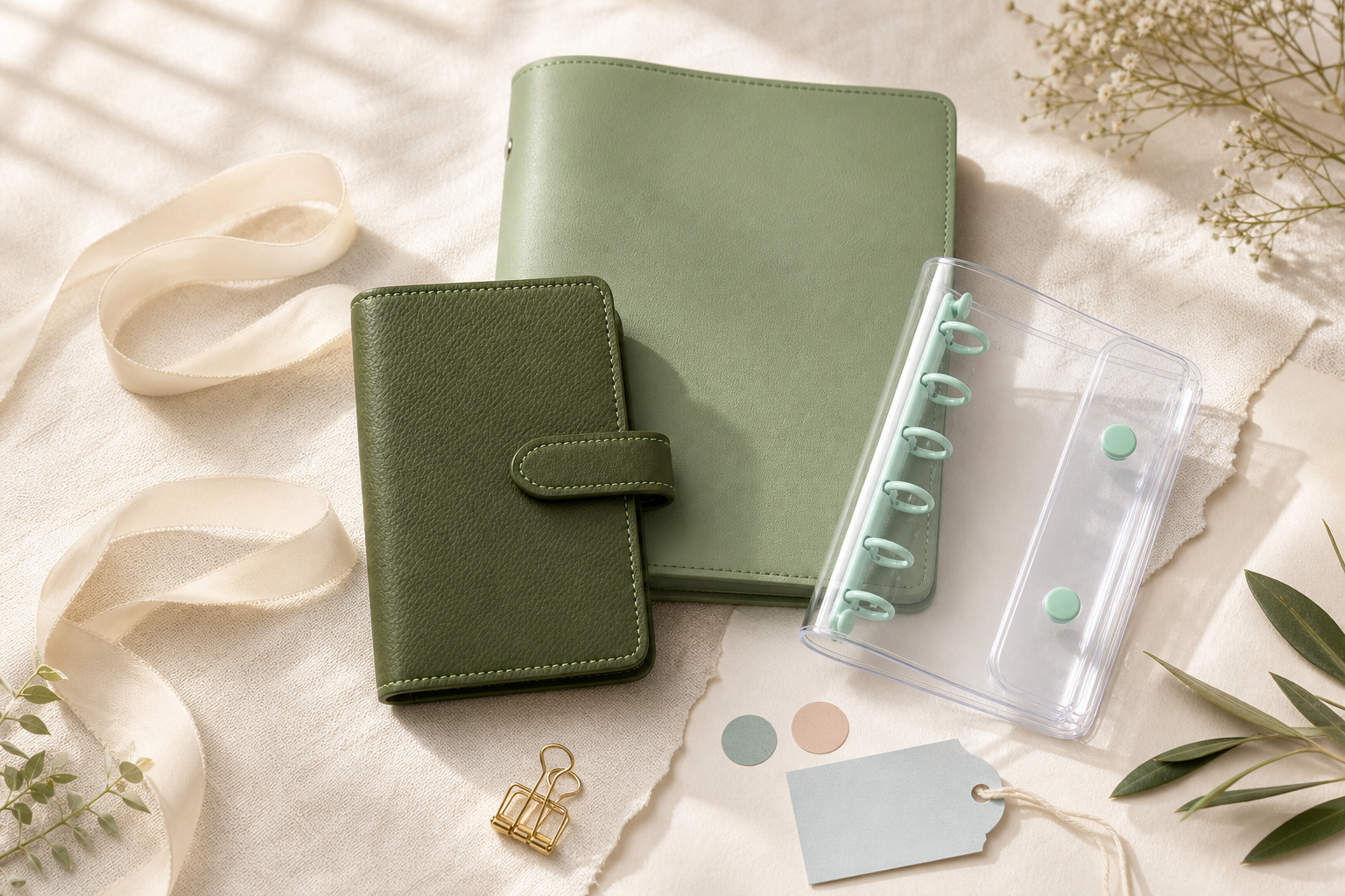 Olive, avocado and mint green planner covers styled as a stationery gift edit