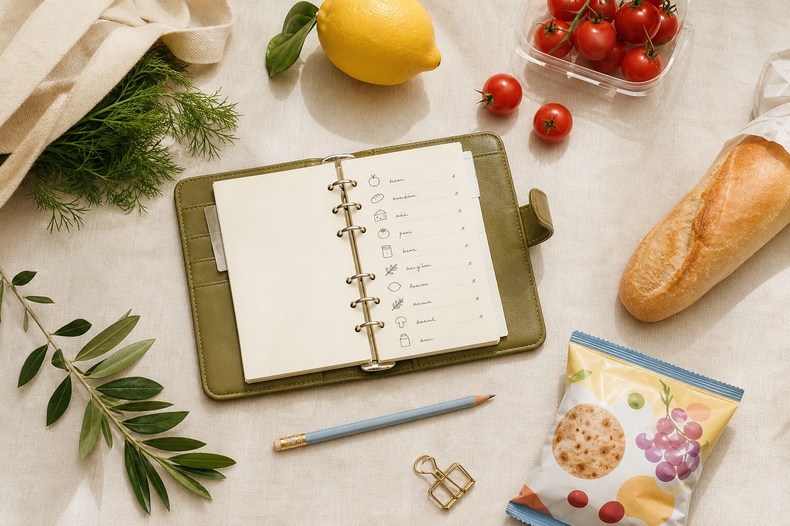 Olive pocket planner with a grocery list surrounded by colorful food on a warm cream table