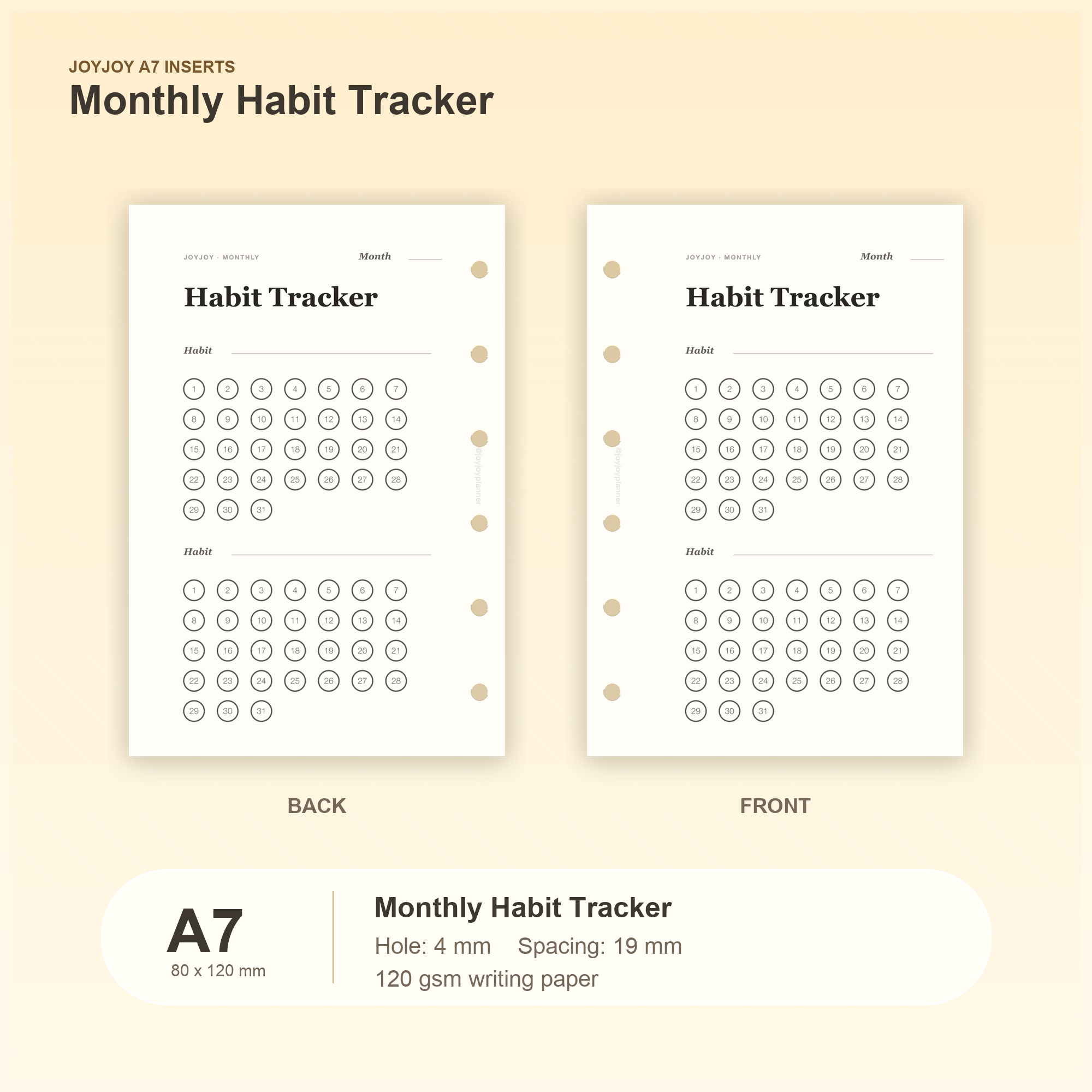 Monthly Habit Tracker A7 pocket planner insert with size and hole spacing information