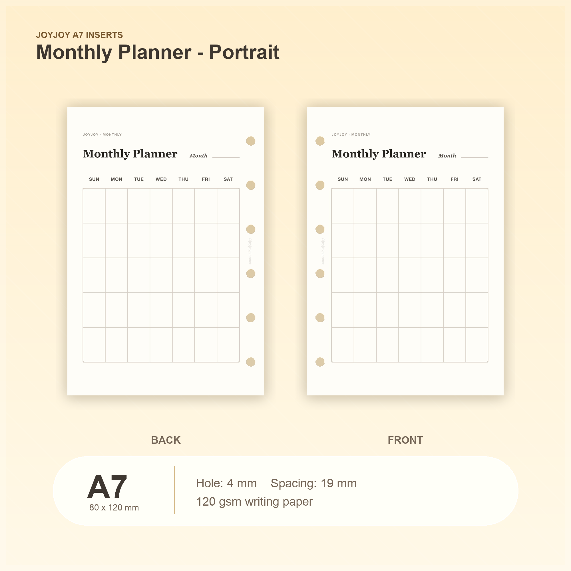 A7 Pocket planner insert size guide showing JoyJoy page dimensions and hole specifications