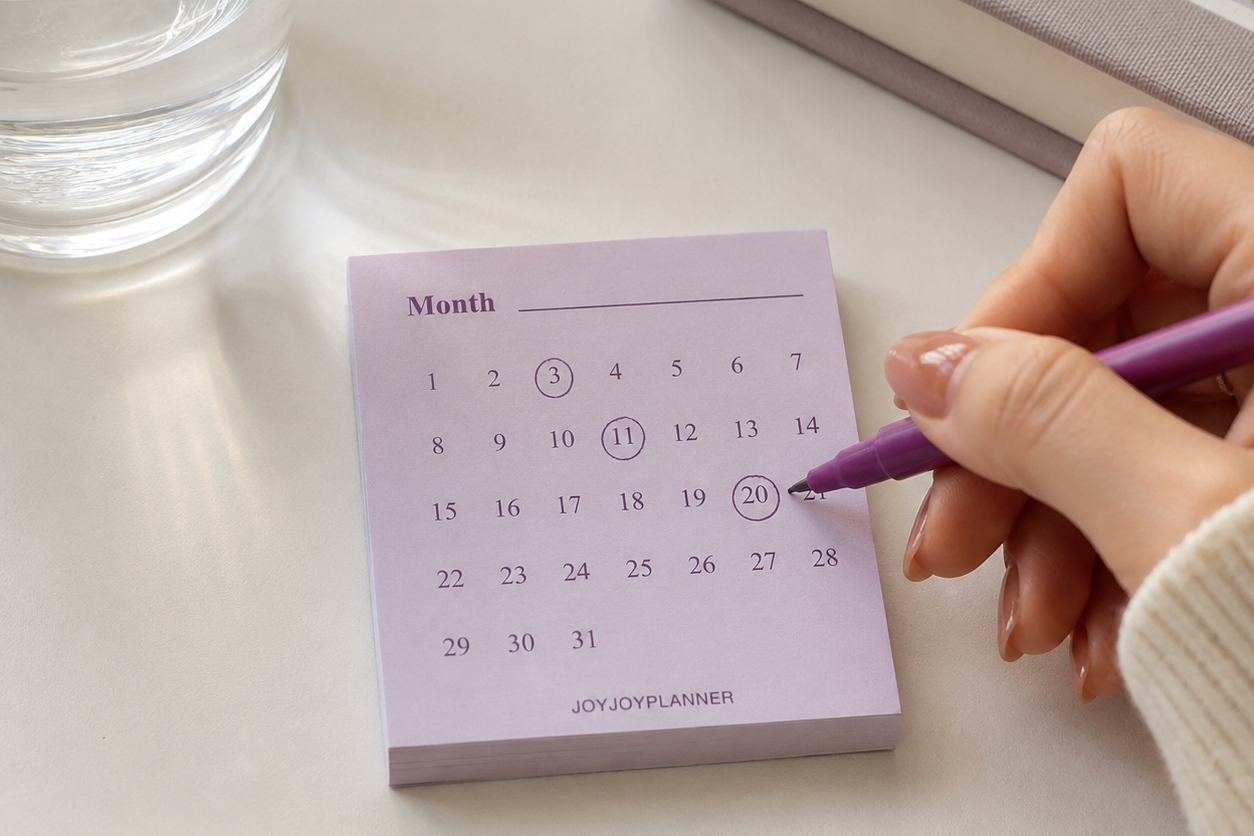 Hand circling dates on a purple 1–31 monthly tracker mini memo pad