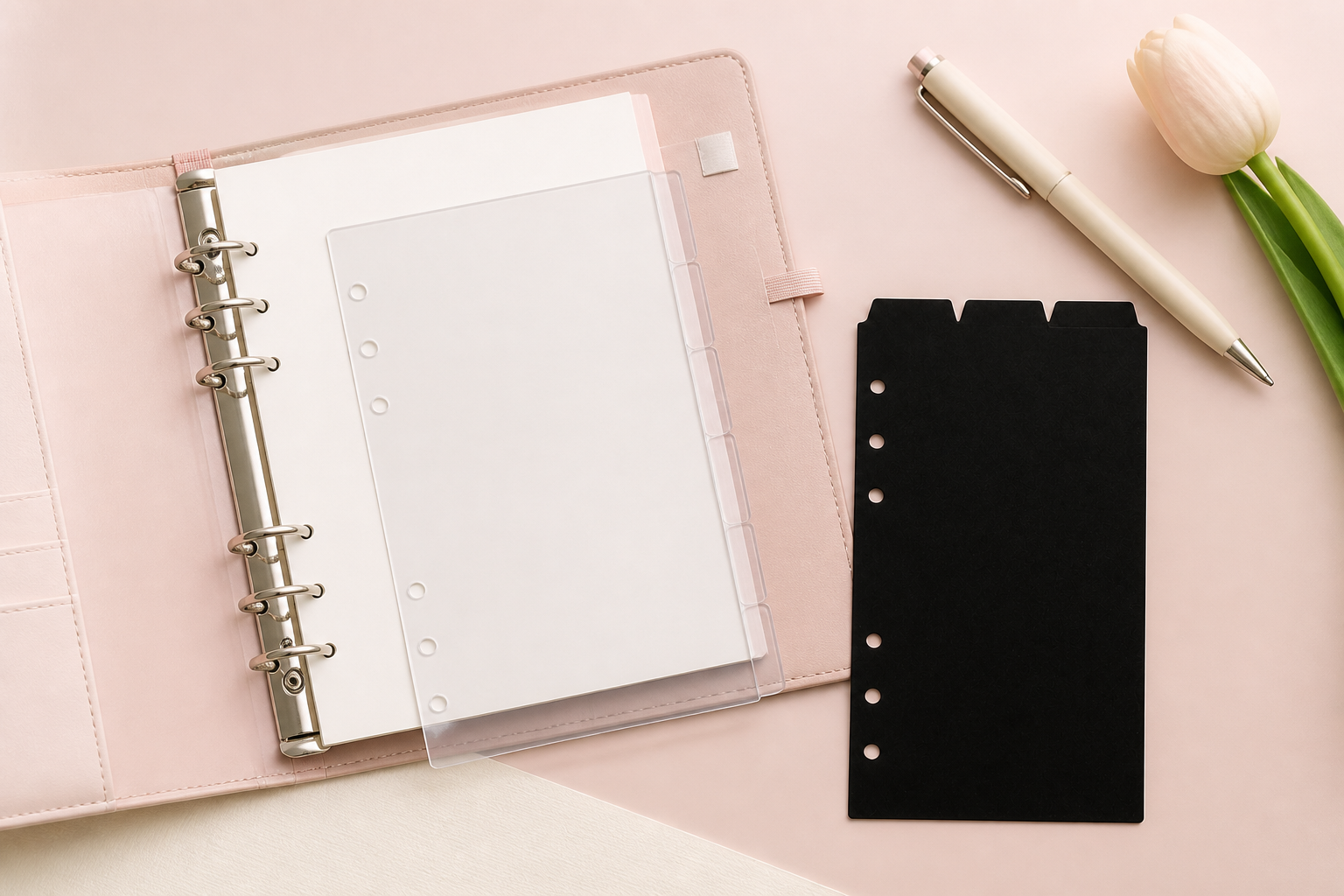 Clear side-tab and black top-tab planner dividers beside an open Personal six-ring planner
