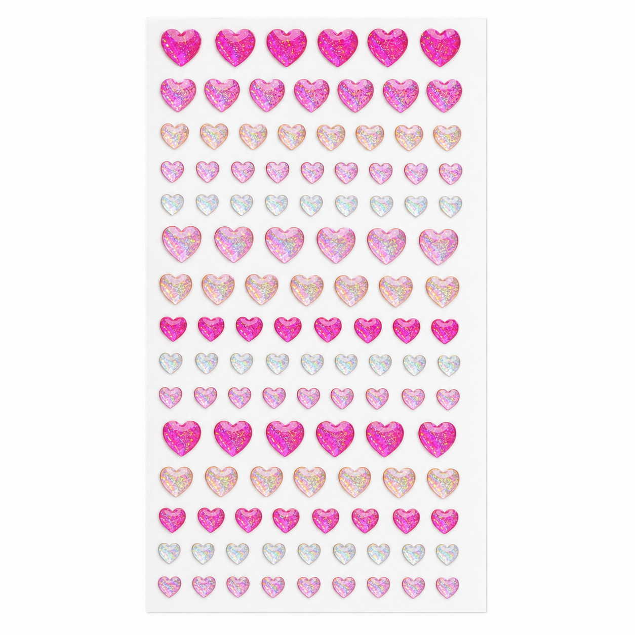 Pink holographic glitter heart gem sticker sheet on a white background