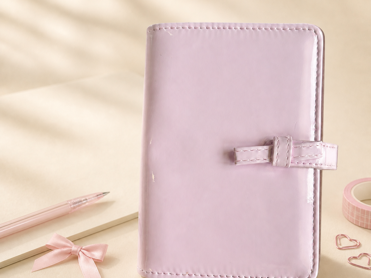 Blush pink A7 planner binder with a pink pen, bow, washi tape and heart paper clips