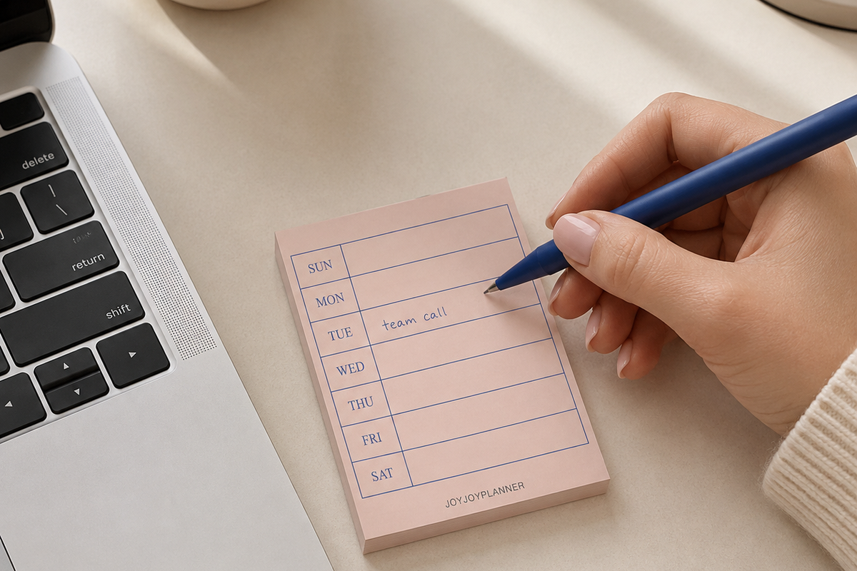 Hand writing a weekly anchor on a Sunday-start mini weekly planner beside a laptop