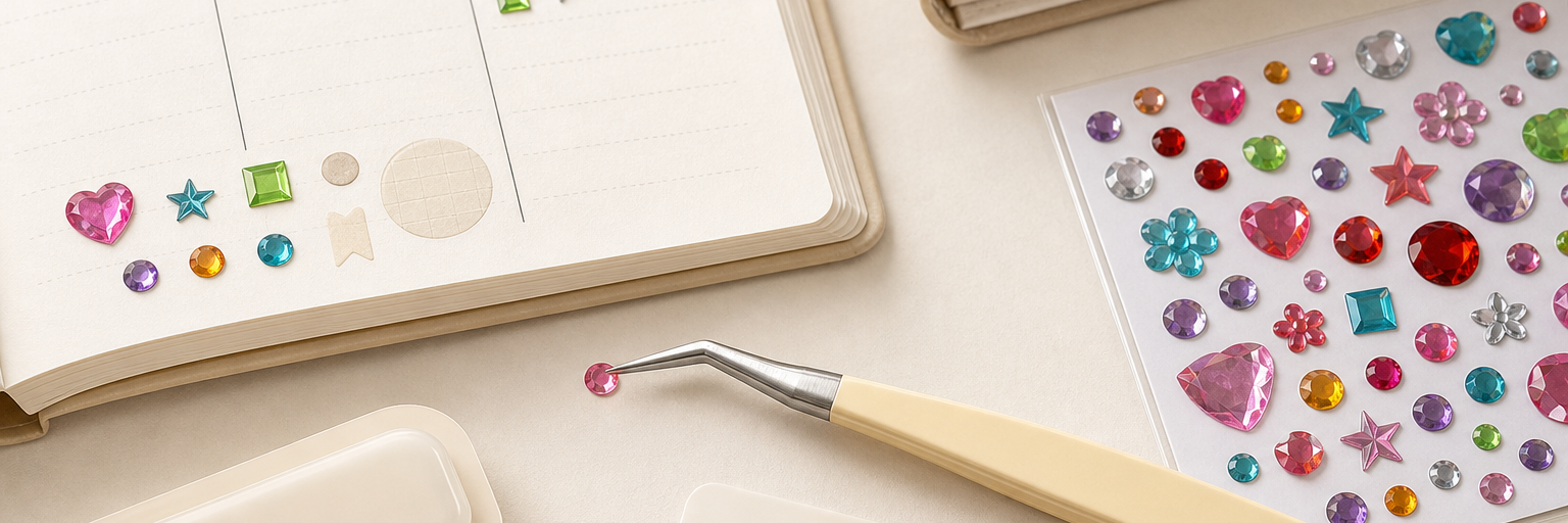 Cream angled sticker tweezers placing colorful gem stickers in a planner craft setup