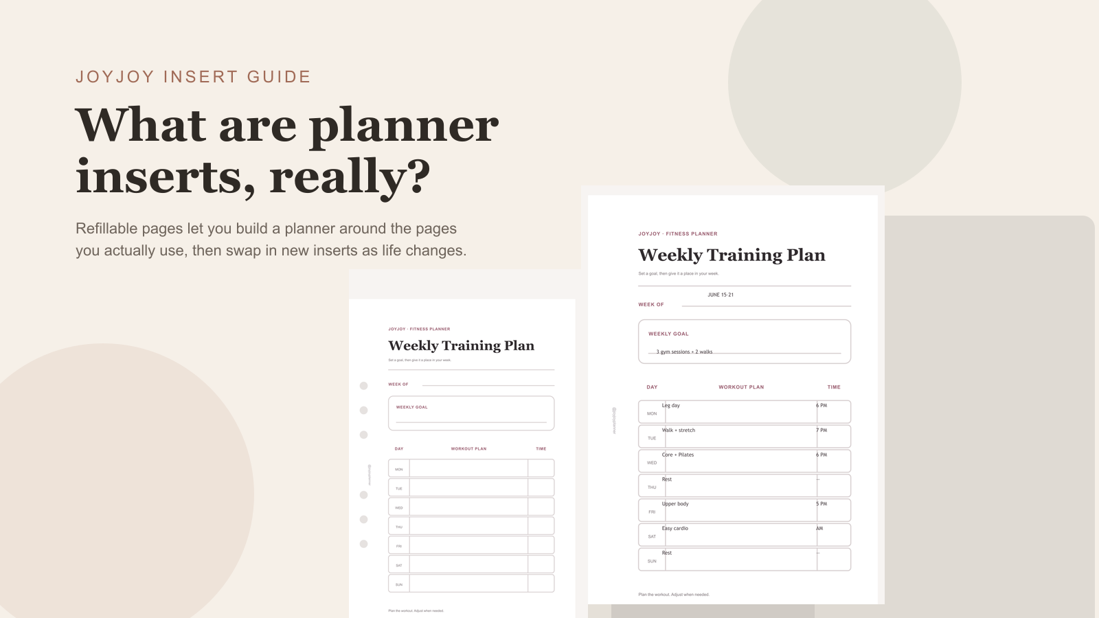 Two JoyJoy planner insert page previews showing blank and filled weekly planning layouts