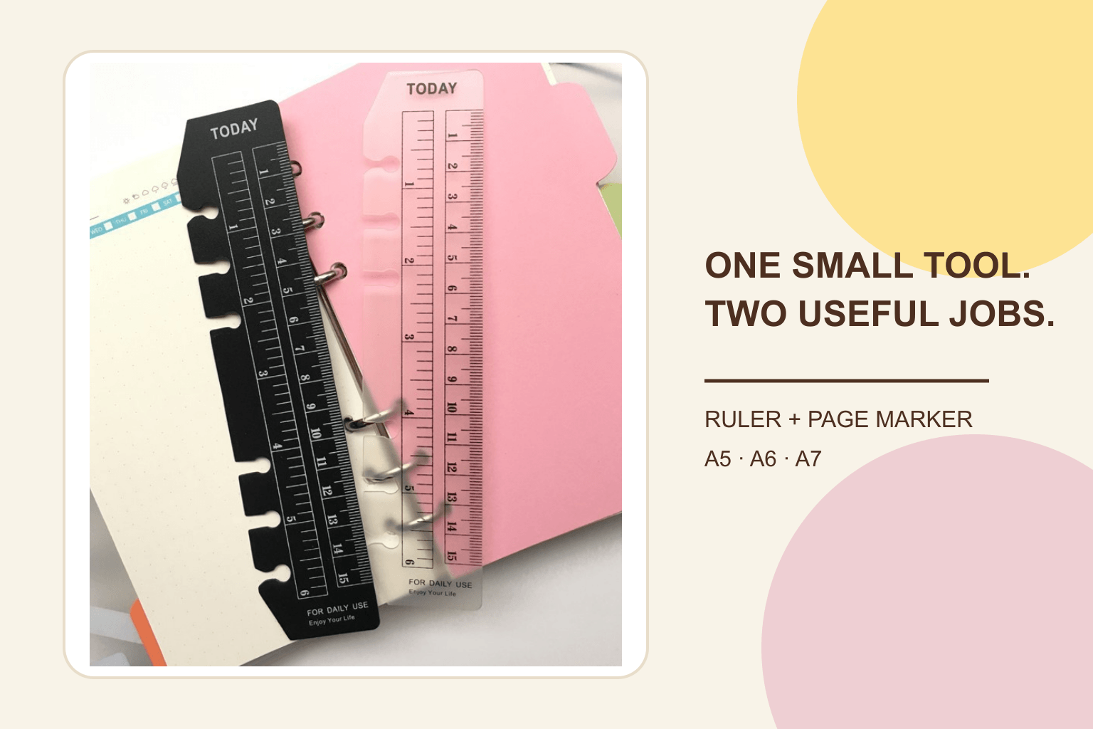 Black snap-in planner ruler beside a six-ring planner with ruler and page marker guide title
