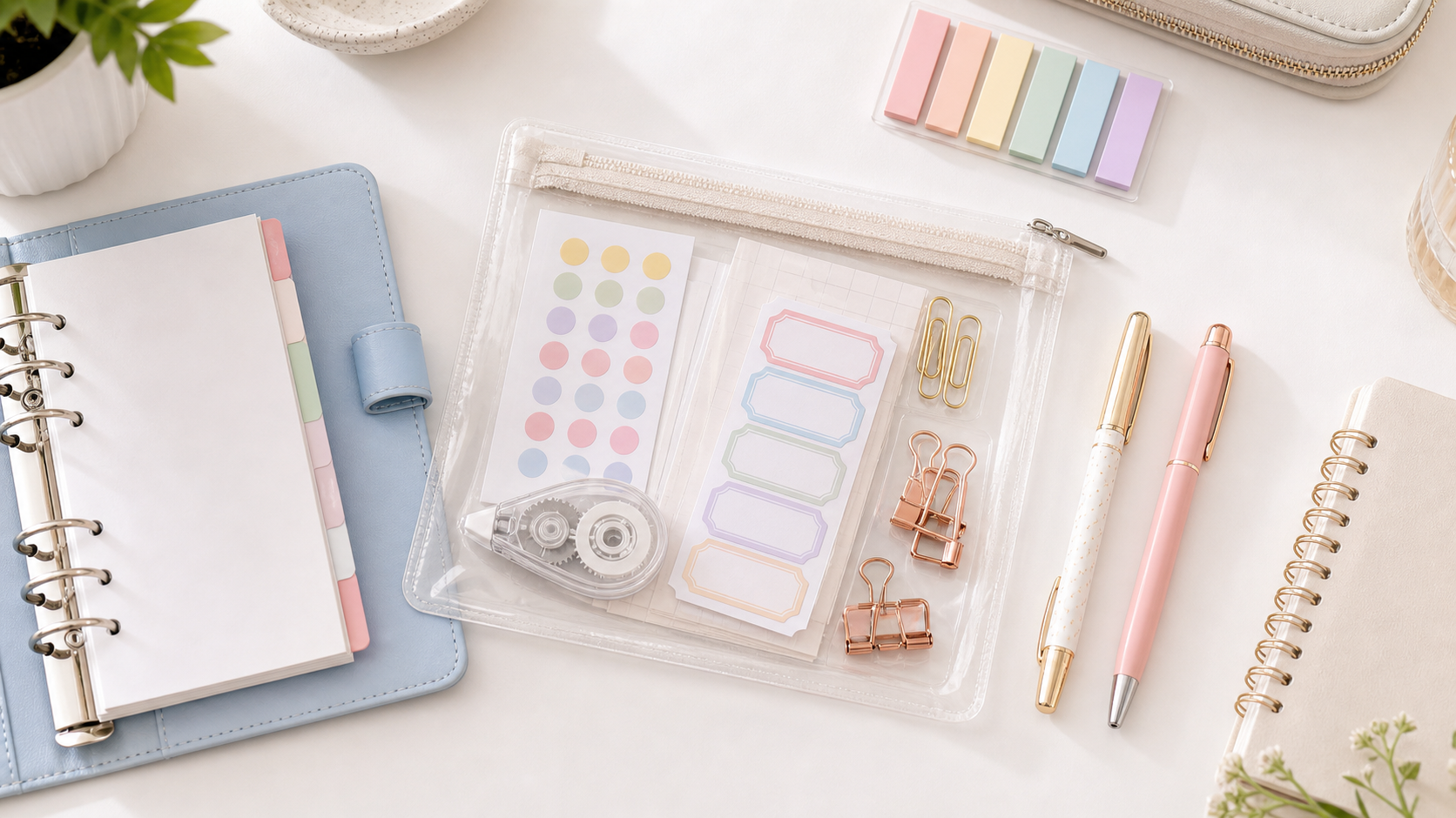 Planner pouch with pens, labels, clips, sticky flags, and small planner tools