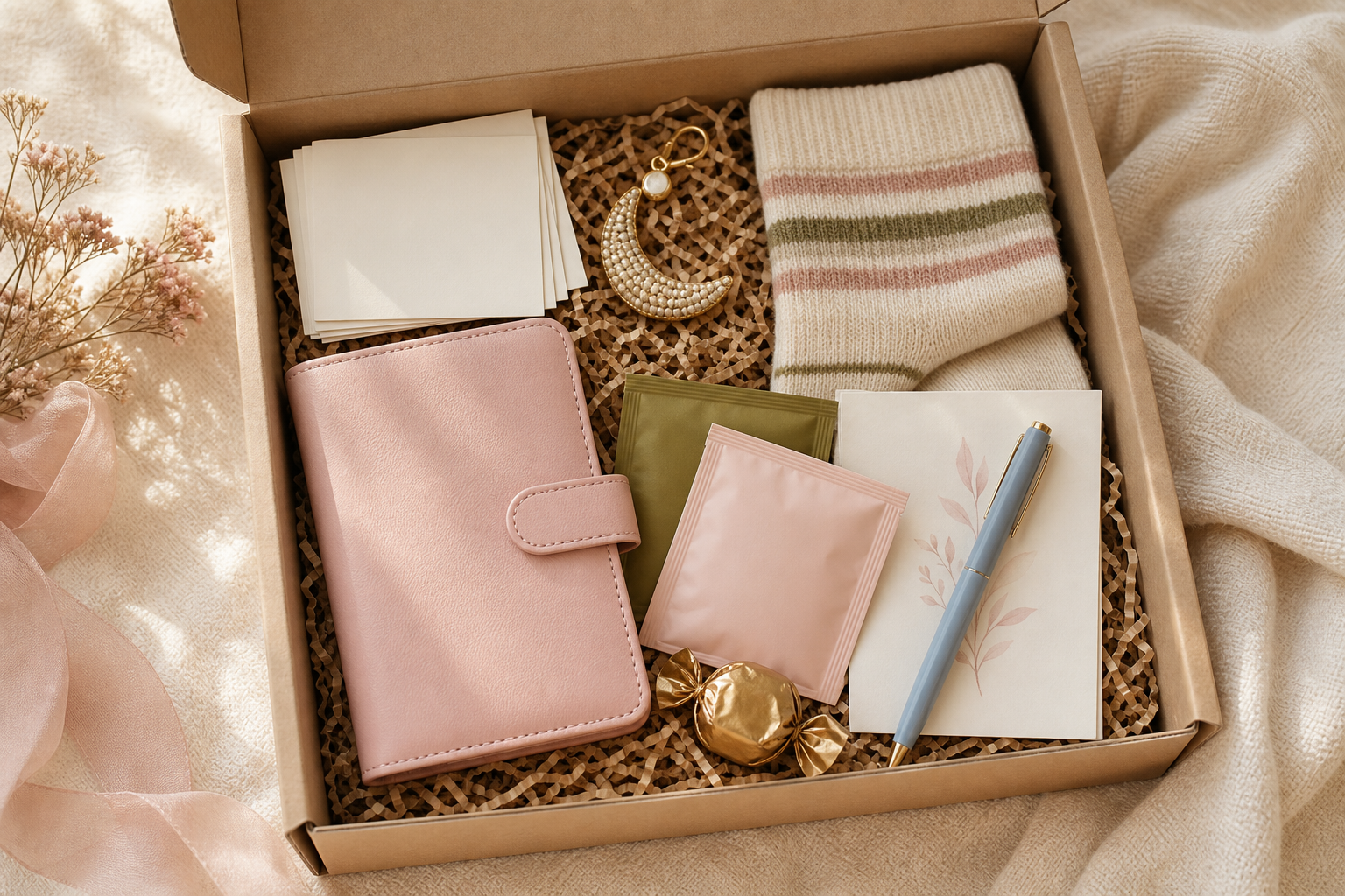 Pink pocket planner, cozy socks, moon charm, tea and a note arranged in a thoughtful care package