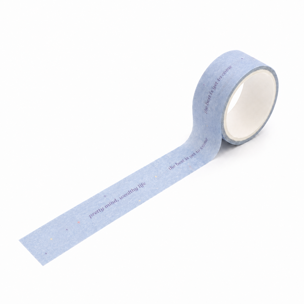 Powder blue inspirational quote washi tape unrolled on a white background
