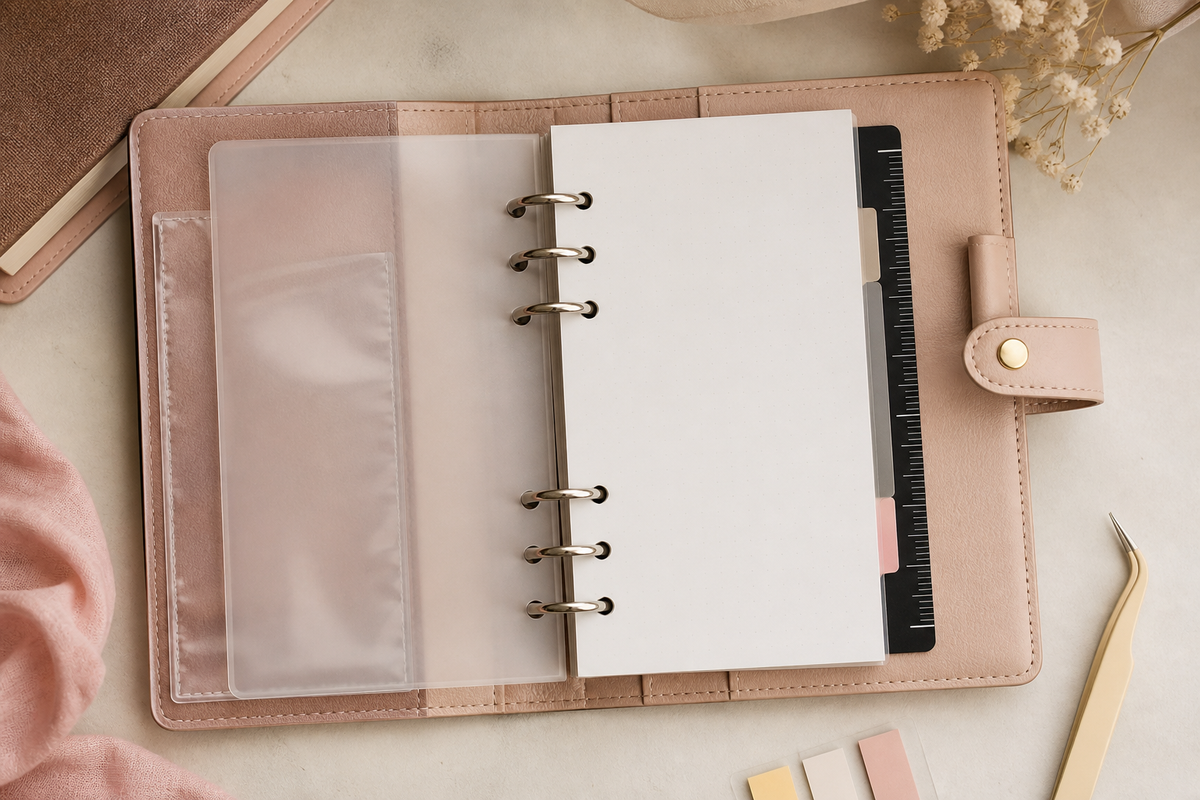 Open six-ring planner arranged with a translucent dashboard, clear pocket, ruler bookmark, page flags and angled tweezers