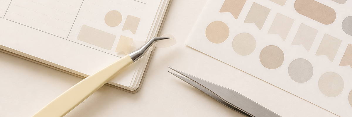 Cream angled sticker tweezers compared with a plain straight tweezer beside planner stickers