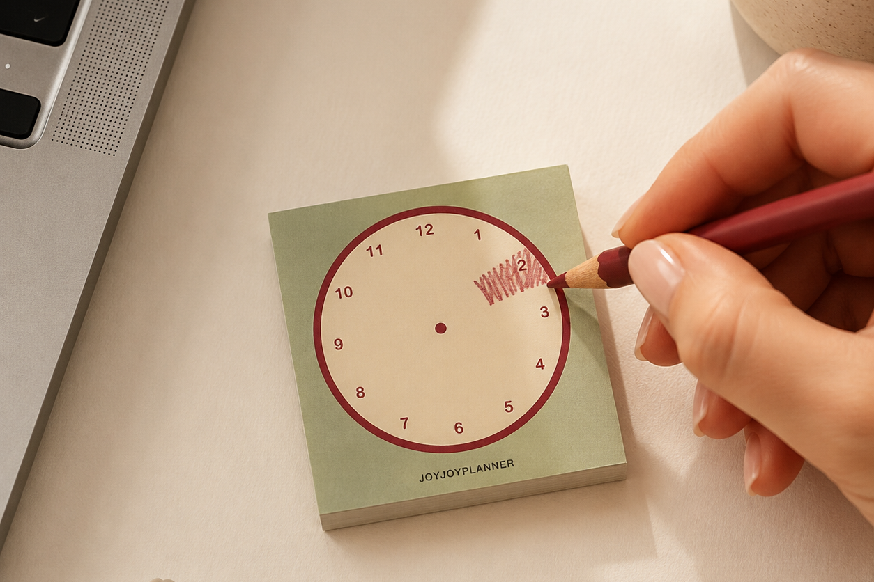 Hand shading a focus block on a small analog clock memo pad beside a laptop