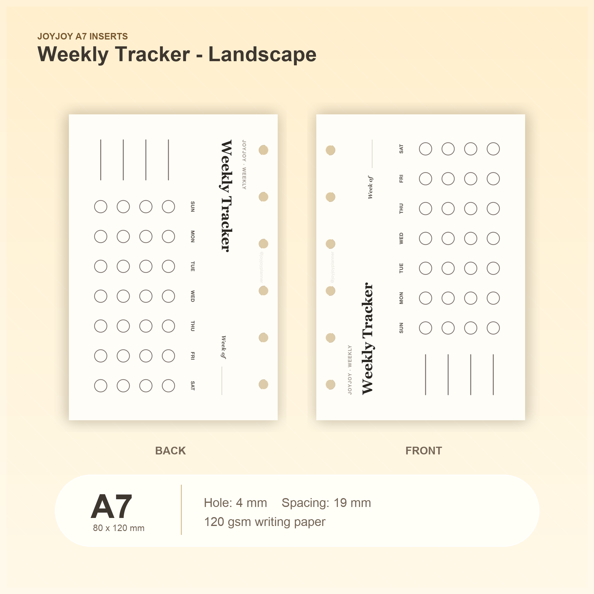 Weekly Tracker Landscape A7 pocket planner insert with size, hole spacing and paper information