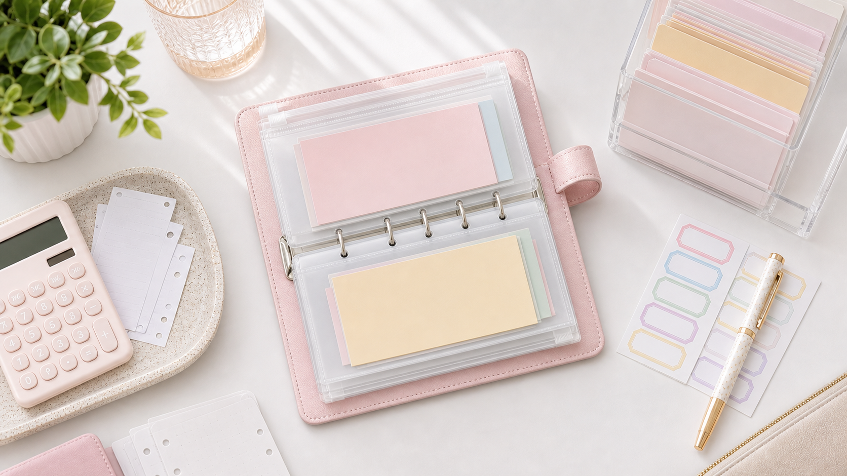 Small pastel A6 budget binder with clear zipper envelopes and blank category cards