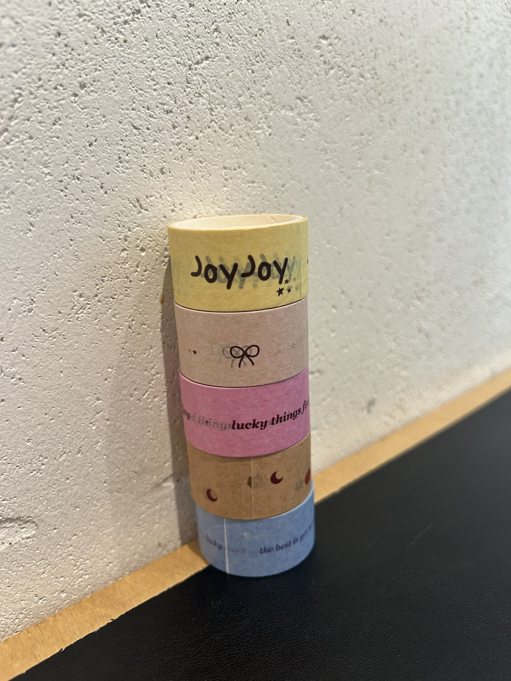 Five original JoyJoy washi tape mini rolls in pink, blue, yellow, blush and kraft colors