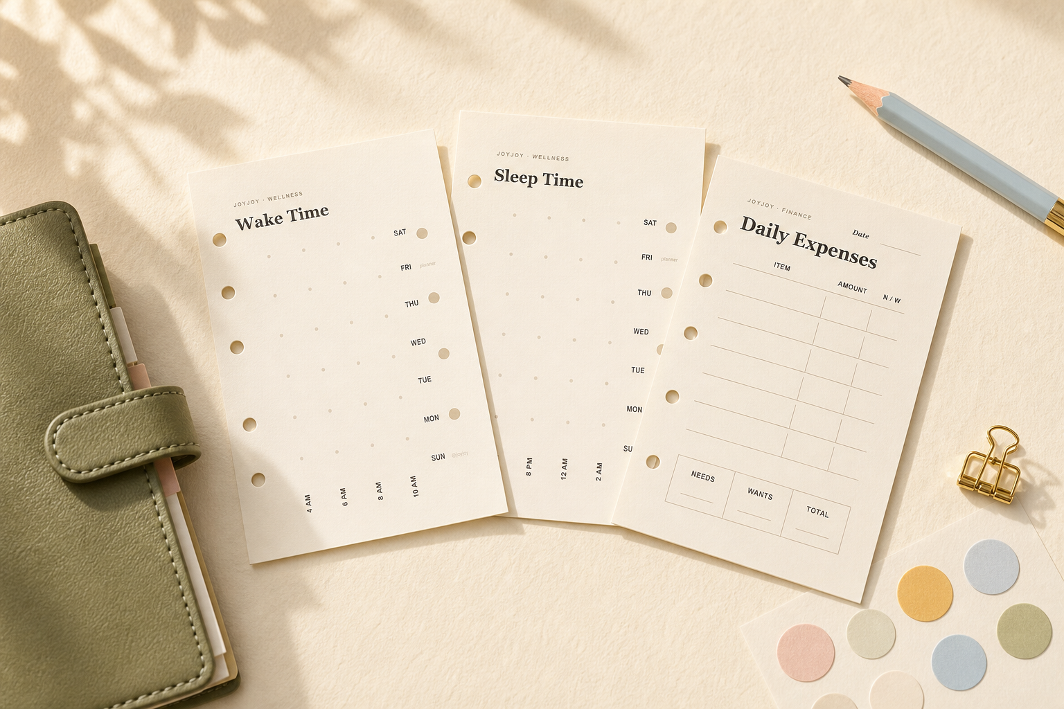 Wake Time, Sleep Time and Daily Expenses M5 planner inserts arranged with an olive green mini planner