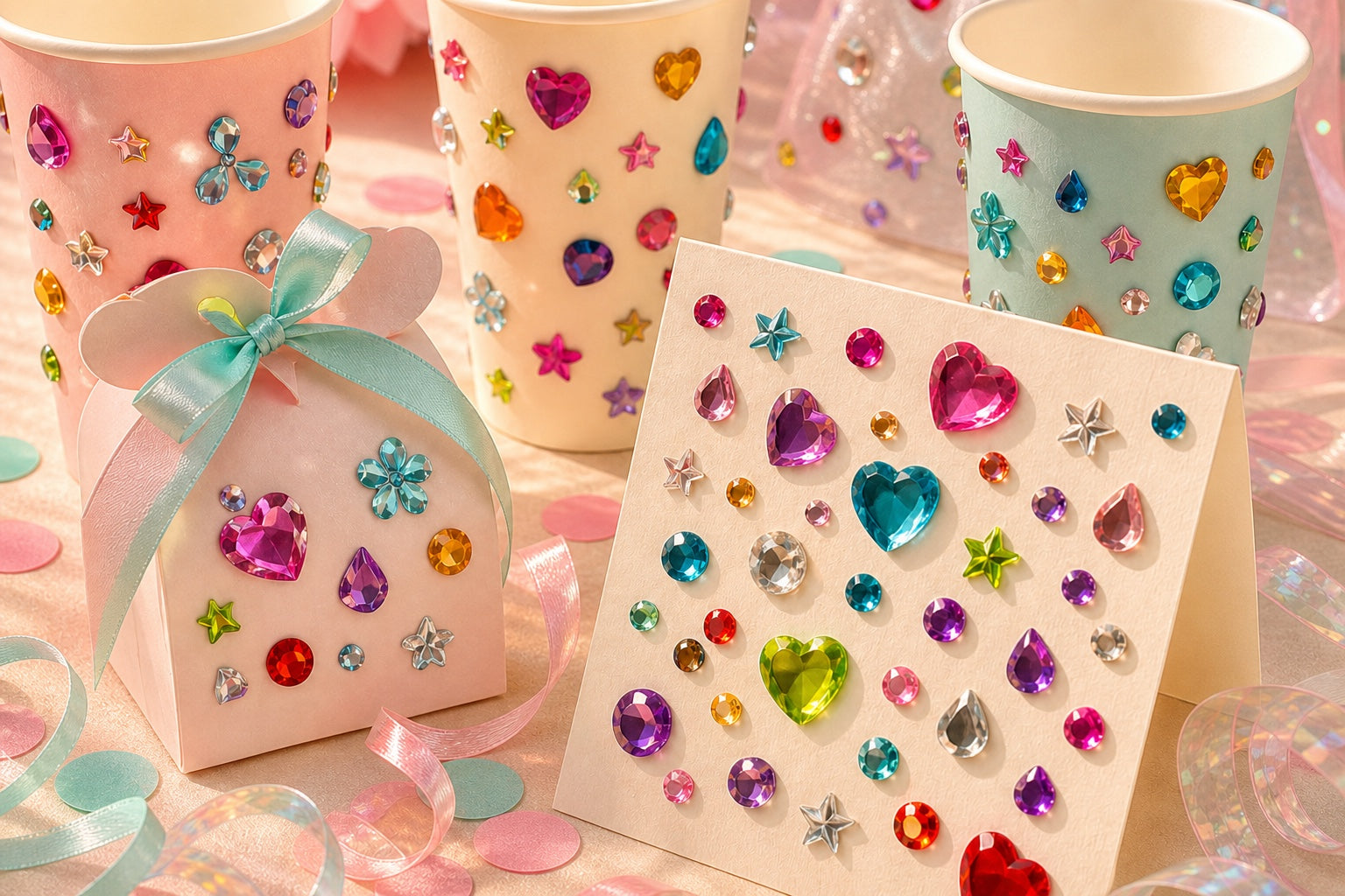 Whimsical party decor with colorful gem sticker cups, gift tag and place card