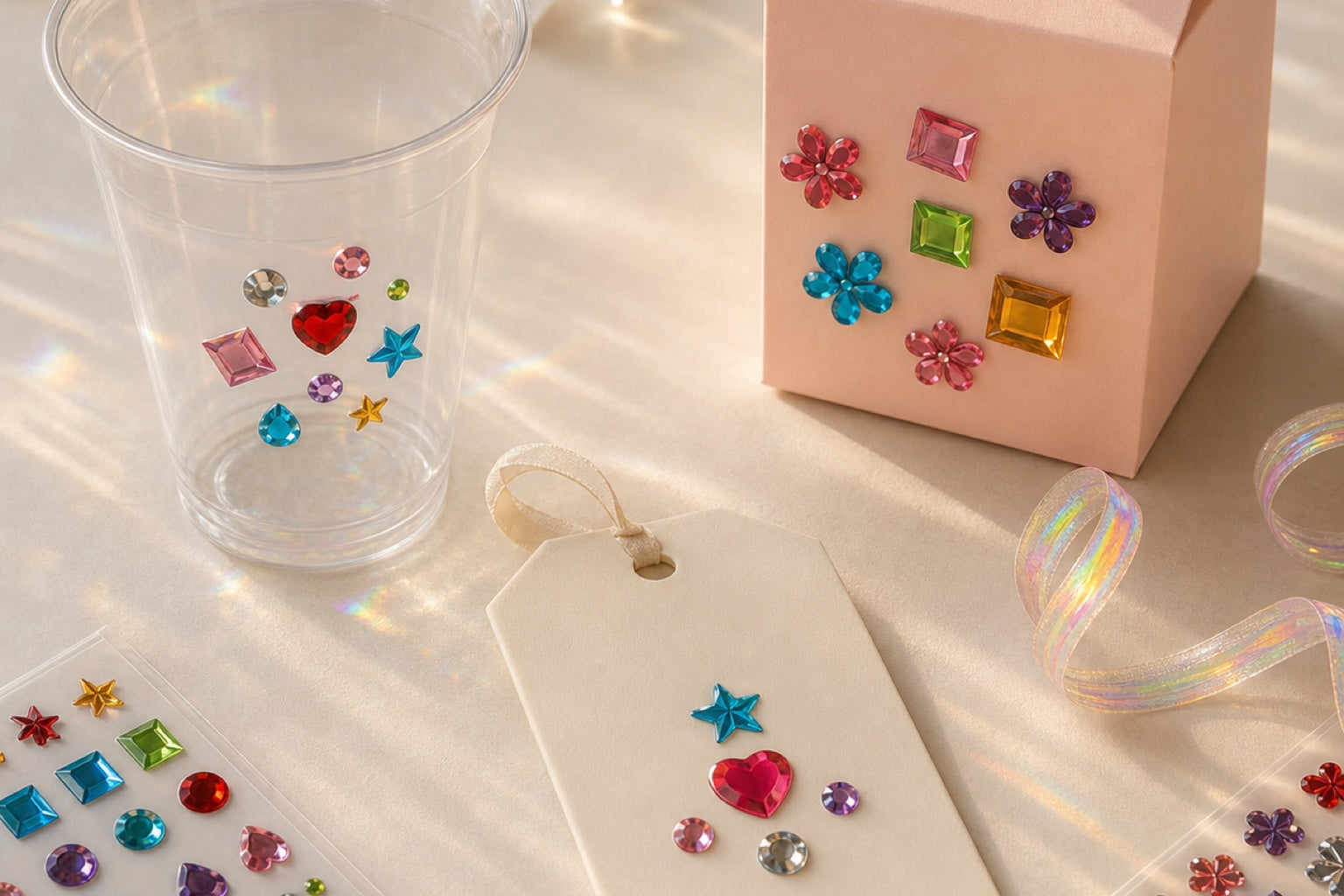 Colorful gem stickers customizing a party cup, gift box and gift tag for a shareable product experience