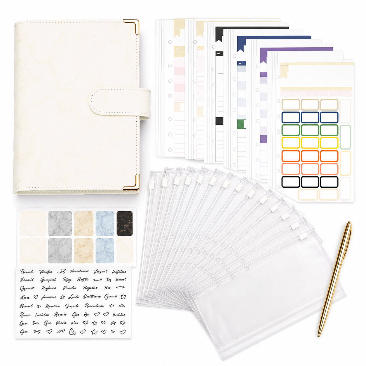 White marble A6 budget binder kit with clear cash envelopes on a white background
