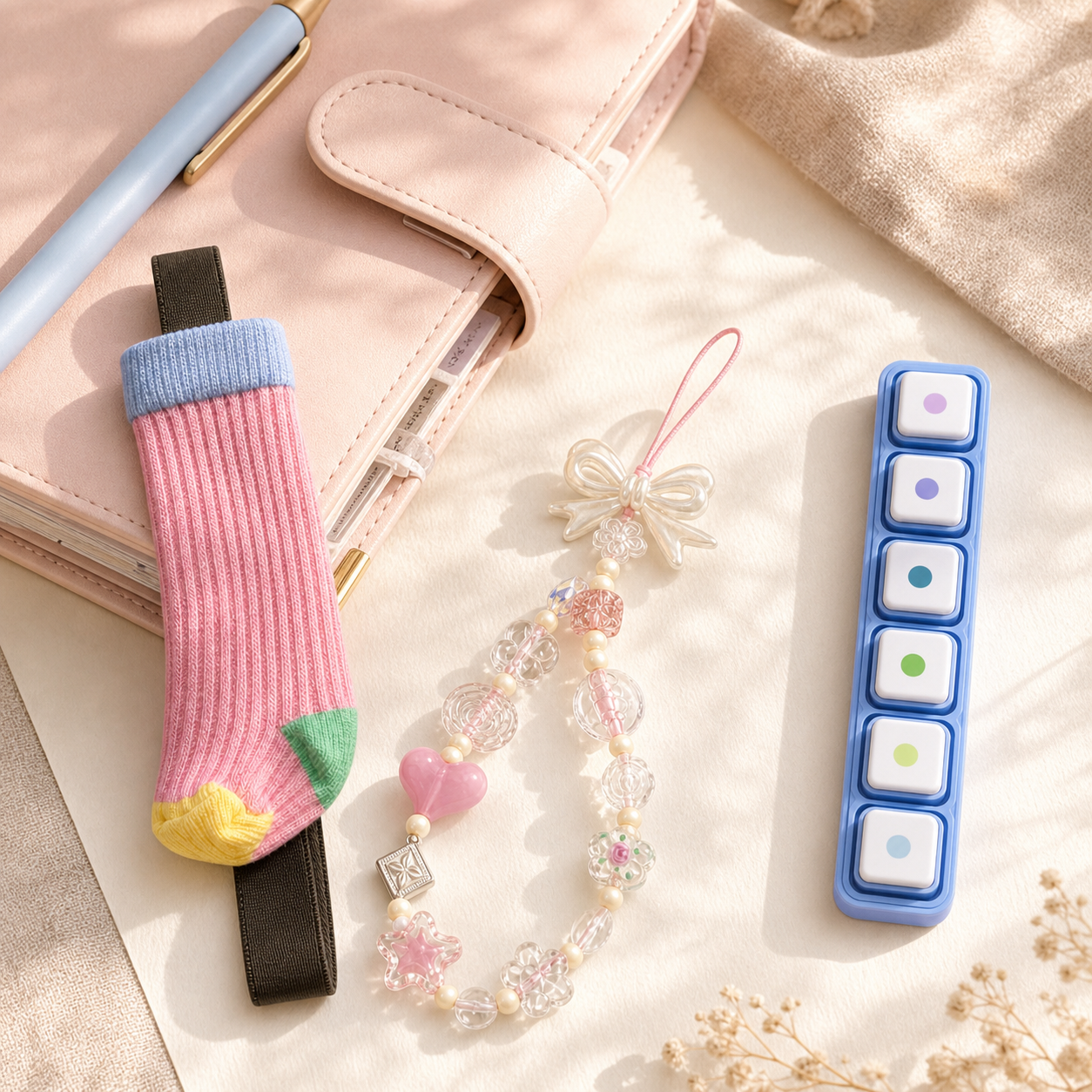 JoyJoy planner accessories styled with a pink planner on a warm cream background