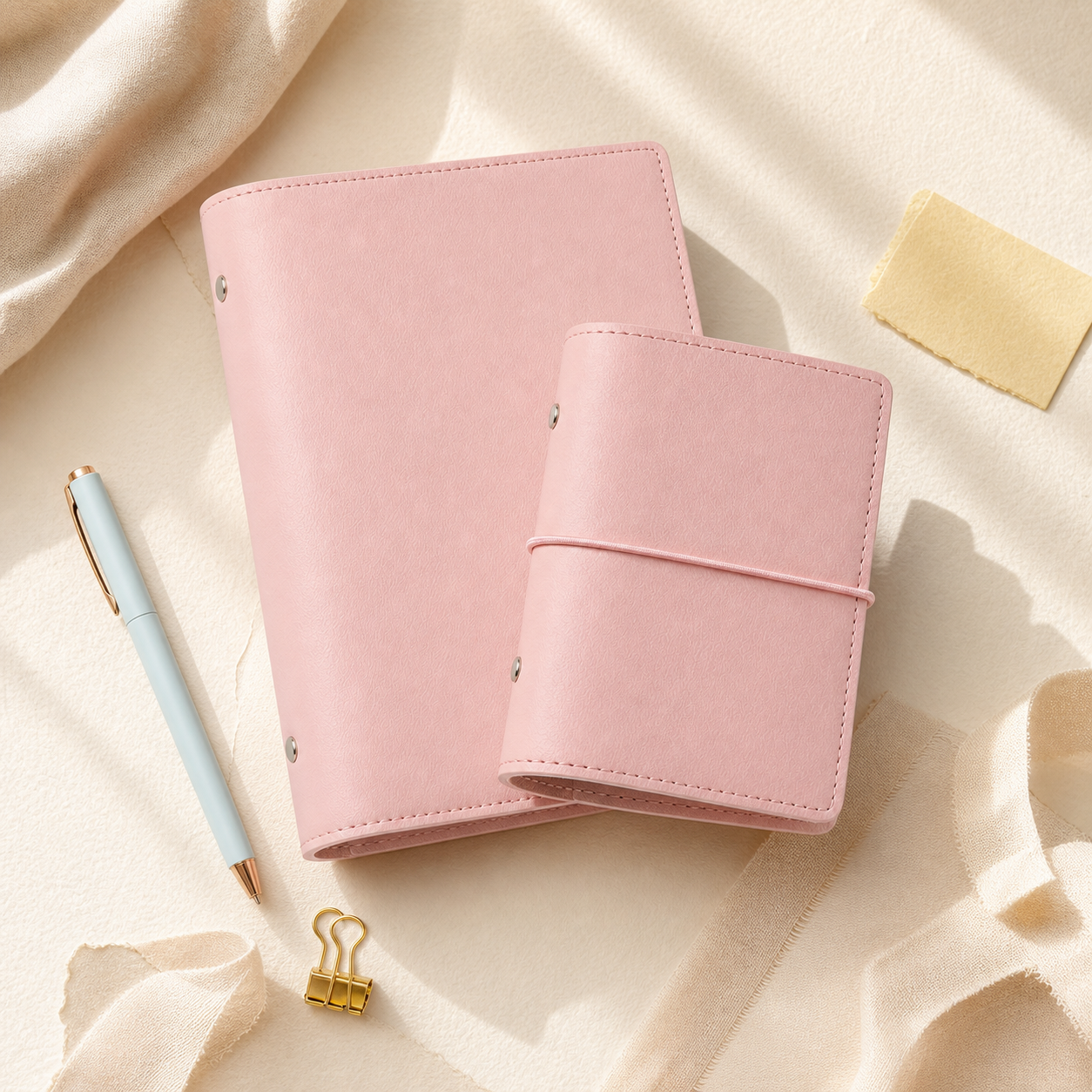 Pink planner binders styled with JoyJoy stationery on a warm cream background