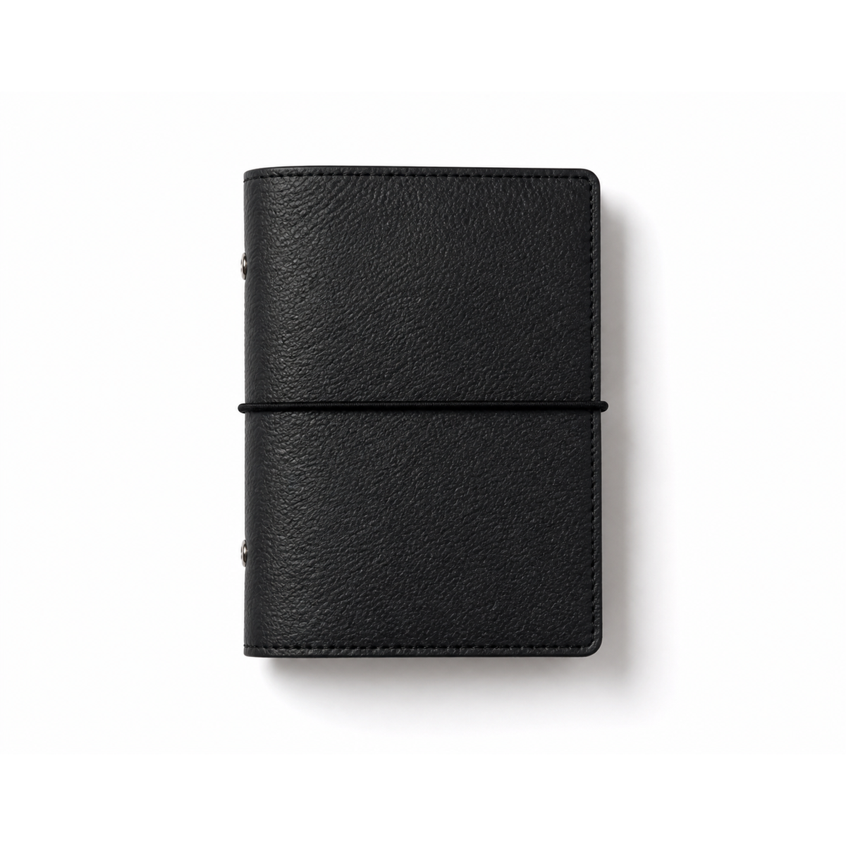 Black A7 Pocket six-ring planner cover with elastic closure on a white background