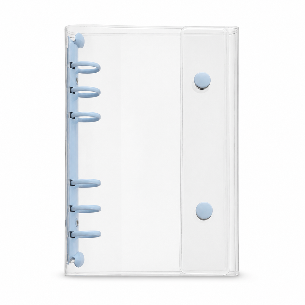 Blue A6 Clear Double-Snap 6-Ring Planner Binder Cover on white background