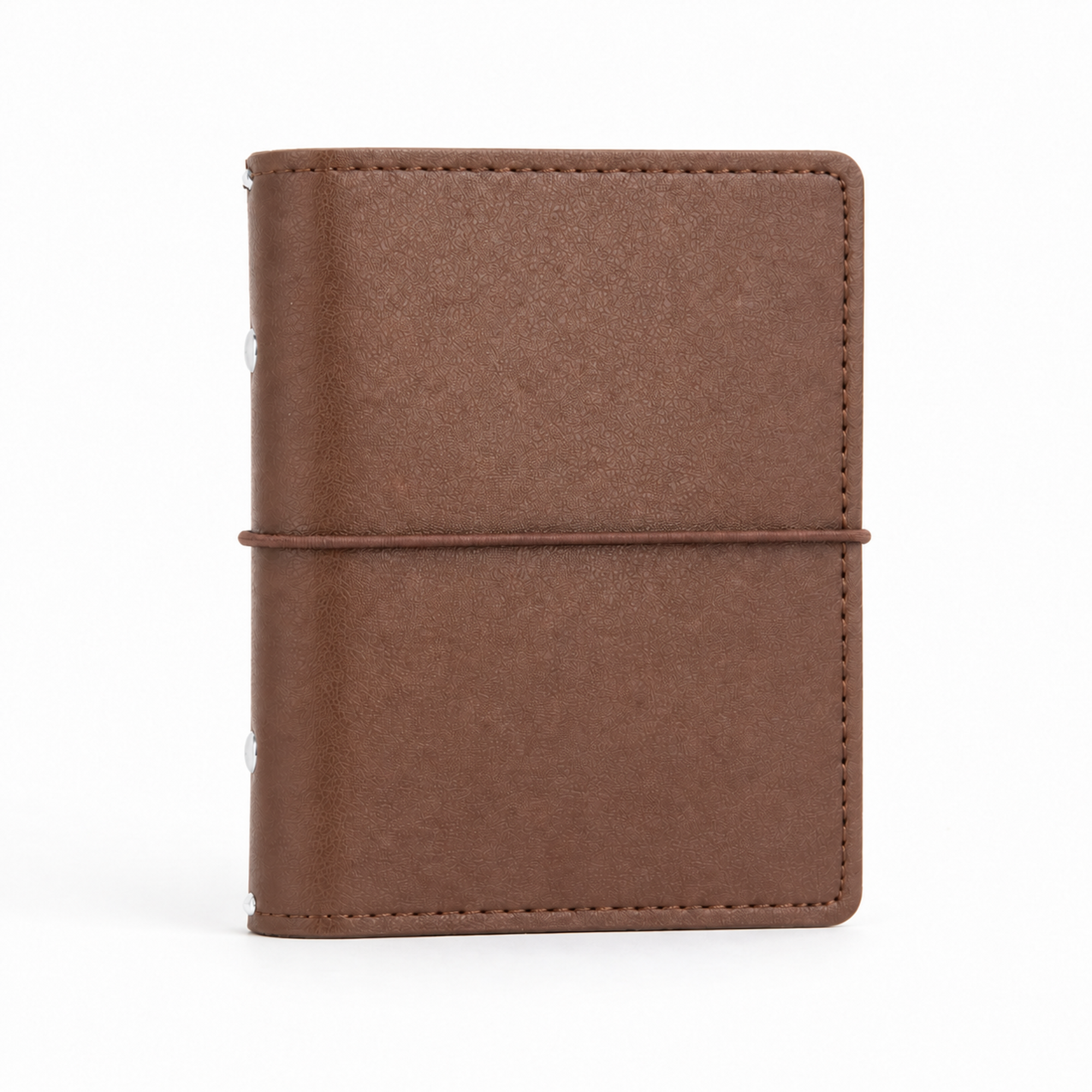 Dark Brown A7 Pocket six-ring planner cover with elastic closure on a white background