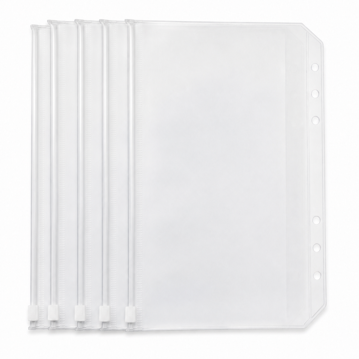 Five A5 frosted clear six-hole zipper binder pockets