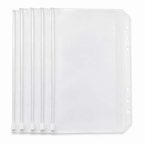 Five A5 frosted clear six-hole zipper binder pockets