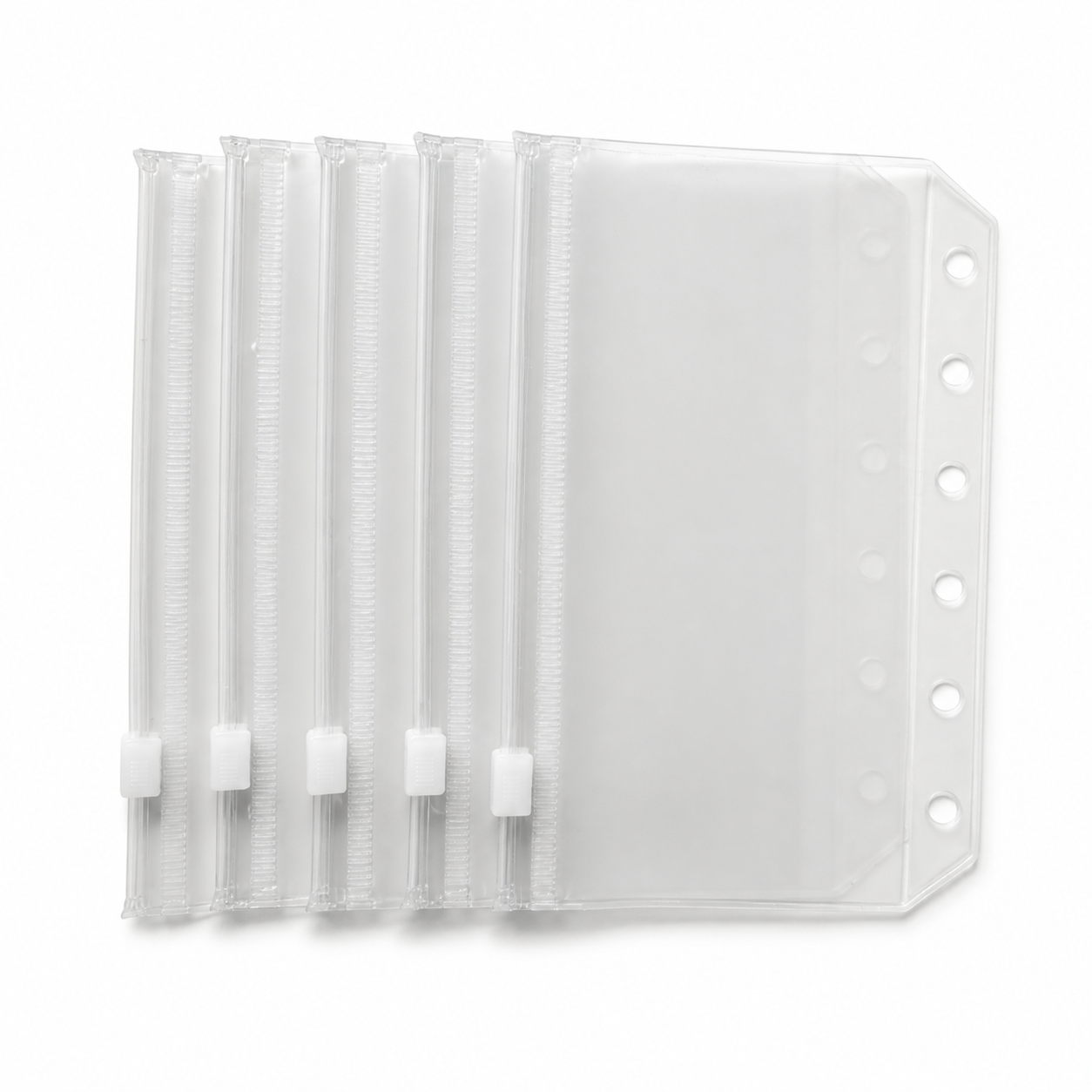 Five A7 frosted clear six-hole zipper binder pockets