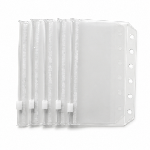 Five A7 frosted clear six-hole zipper binder pockets