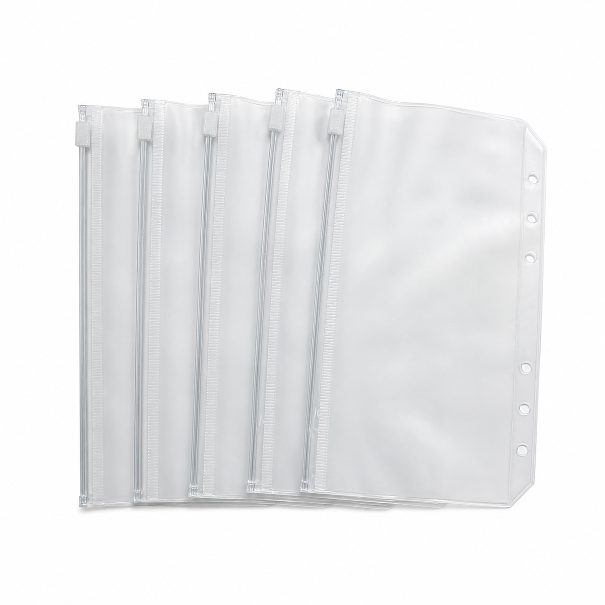 Five A6 frosted clear zipper binder pockets