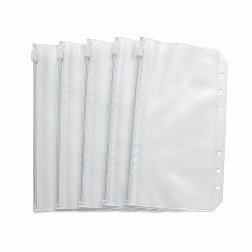 Five A6 frosted clear zipper binder pockets