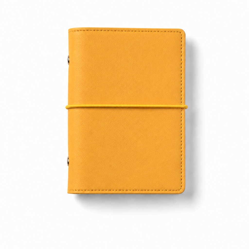 Mango Yellow A7 Pocket six-ring planner cover with elastic closure on a white background