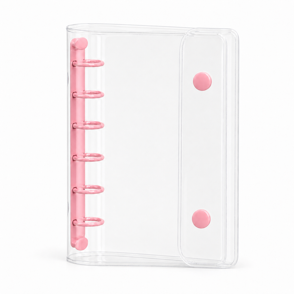 Pink A7 Clear Double-Snap 6-Ring Planner Binder Cover on white background